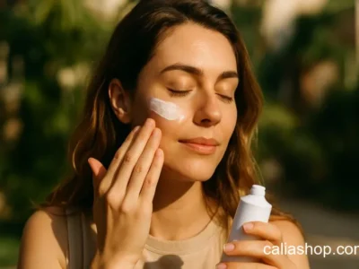 خانمی در حال استفاده از بهترین ضد آفتاب برای پوست خشک و حساس در نور طبیعی