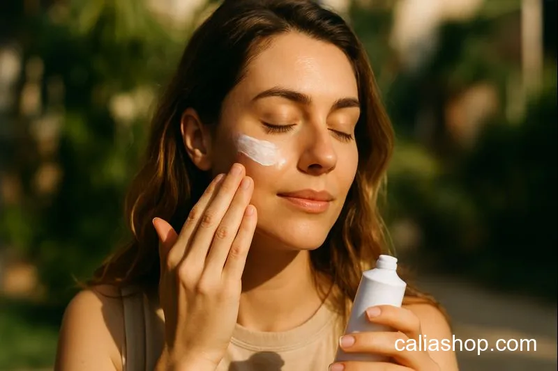 خانمی در حال استفاده از بهترین ضد آفتاب برای پوست خشک و حساس در نور طبیعی